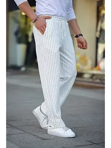 Erkek Cizgili Dokuma Krep Jogger Buggy Pantalon Rahat Kalıp - Beyaz