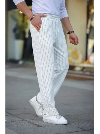 Erkek Cizgili Dokuma Krep Jogger Buggy Pantalon Rahat kalıp - Beyaz