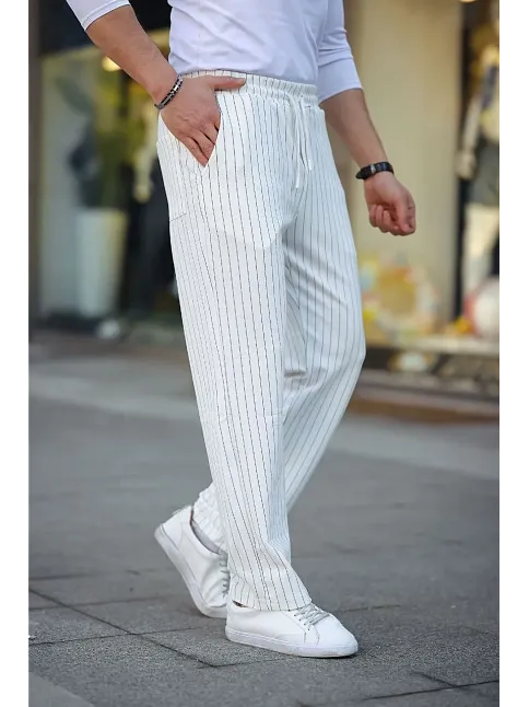 Erkek Cizgili Dokuma Krep Jogger Buggy Pantalon Rahat Kalıp - Beyaz