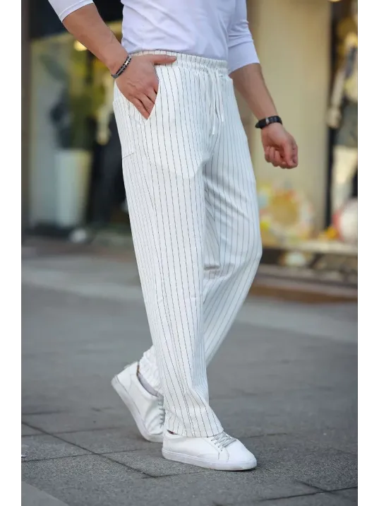 Erkek Cizgili Dokuma Krep Jogger Buggy Pantalon Rahat kalıp - Beyaz Erkek Cizgili Dokuma Krep Jogger Buggy Pantalon Rahat kalıp - Beyaz