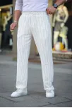 Erkek Cizgili Dokuma Krep Jogger Buggy Pantalon Rahat Kalıp - Beyaz