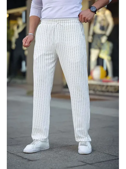 Erkek Cizgili Dokuma Krep Jogger Buggy Pantalon Rahat Kalıp - Beyaz