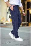 Erkek Cizgili Dokuma Krep Jogger Buggy Pantalon Rahat Kalıp - Lacivert