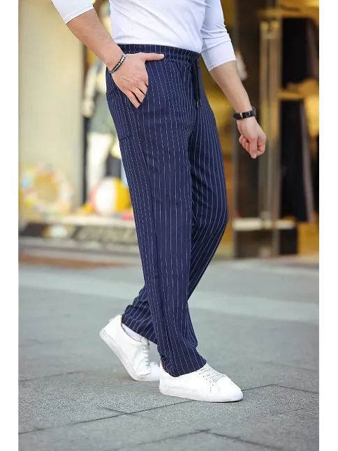 Erkek Cizgili Dokuma Krep Jogger Buggy Pantalon Rahat Kalıp - Lacivert