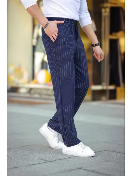 Erkek Cizgili Dokuma Krep Jogger Buggy Pantalon Rahat kalıp - Lacivert