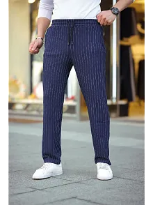 Erkek Cizgili Dokuma Krep Jogger Buggy Pantalon Rahat Kalıp - Lacivert