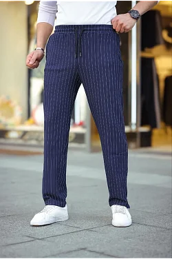 Erkek Cizgili Dokuma Krep Jogger Buggy Pantalon Rahat Kalıp - Lacivert