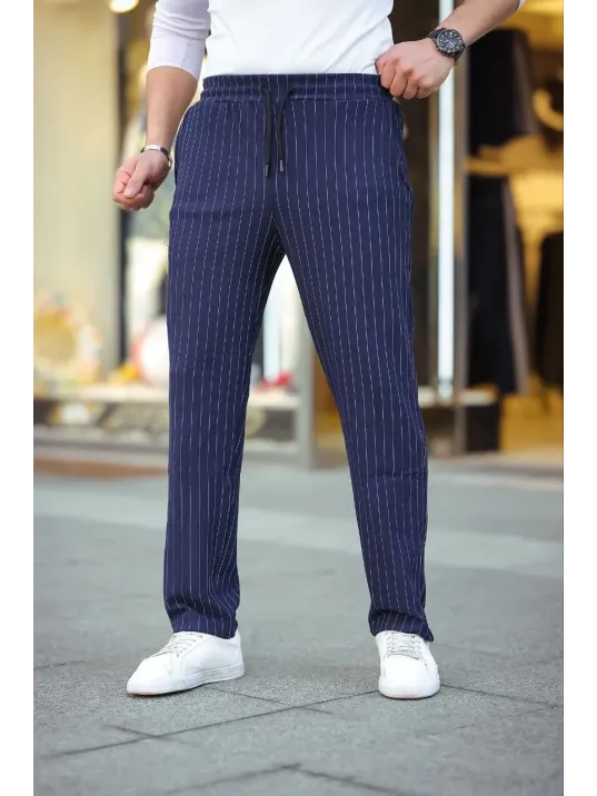 Erkek Cizgili Dokuma Krep Jogger Buggy Pantalon Rahat kalıp - Lacivert