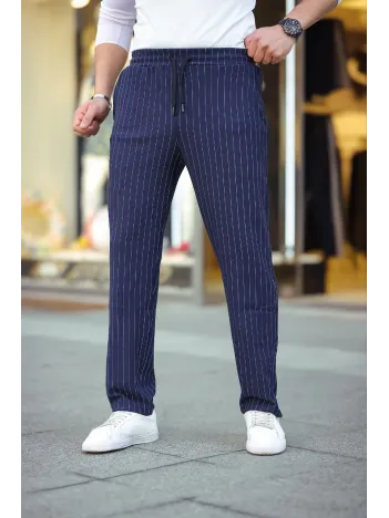 Erkek Cizgili Dokuma Krep Jogger Buggy Pantalon Rahat kalıp - Lacivert