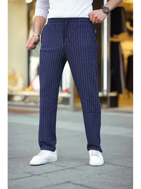 Erkek Cizgili Dokuma Krep Jogger Buggy Pantalon Rahat Kalıp - Lacivert