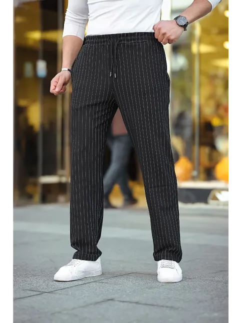 Erkek Cizgili Dokuma Krep Jogger Buggy Pantalon Rahat Kalıp - Siyah