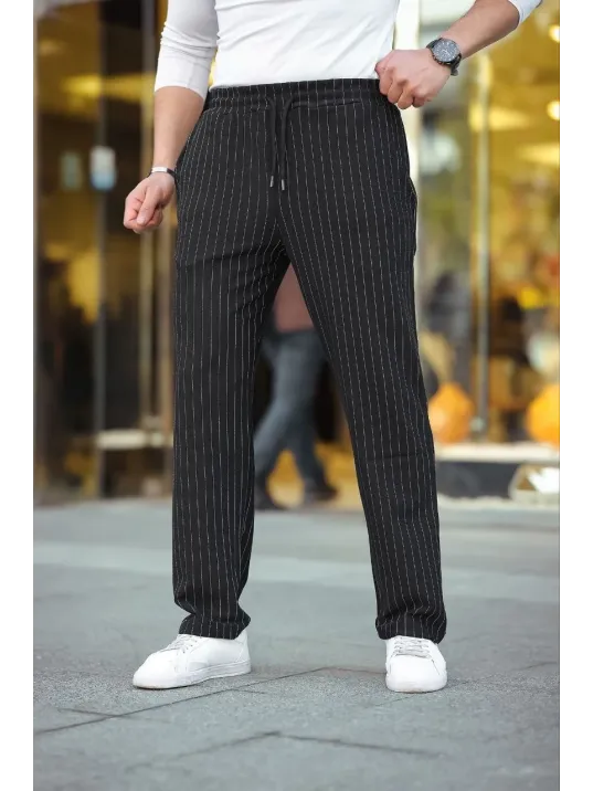 Erkek Cizgili Dokuma Krep Jogger Buggy Pantalon Rahat kalıp - Siyah