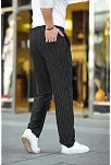 Erkek Cizgili Dokuma Krep Jogger Buggy Pantalon Rahat Kalıp - Siyah