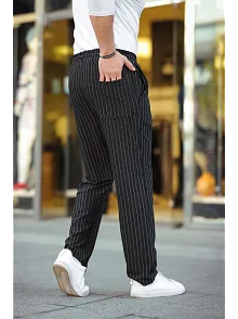 Erkek Cizgili Dokuma Krep Jogger Buggy Pantalon Rahat Kalıp - Siyah