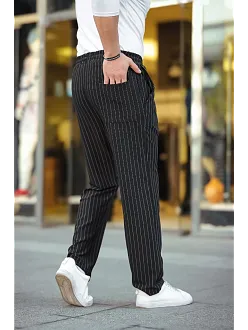 Erkek Cizgili Dokuma Krep Jogger Buggy Pantalon Rahat Kalıp - Siyah Erkek Cizgili Dokuma Krep Jogger Buggy Pantalon Rahat Kalıp - Siyah