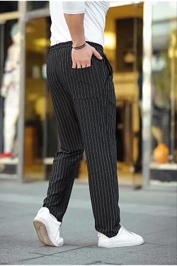 Erkek Cizgili Dokuma Krep Jogger Buggy Pantalon Rahat Kalıp - Siyah Erkek Cizgili Dokuma Krep Jogger Buggy Pantalon Rahat Kalıp - Siyah