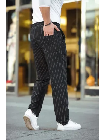 Erkek Cizgili Dokuma Krep Jogger Buggy Pantalon Rahat kalıp - Siyah