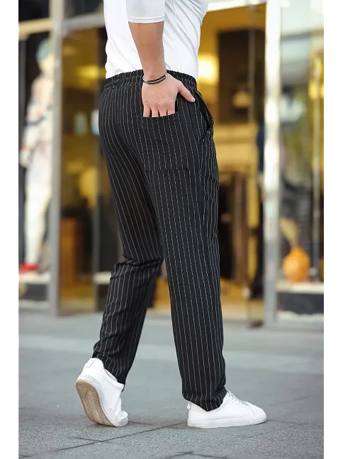 Erkek Cizgili Dokuma Krep Jogger Buggy Pantalon Rahat Kalıp - Siyah