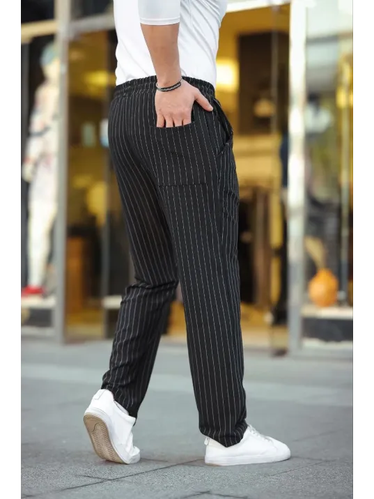 Erkek Cizgili Dokuma Krep Jogger Buggy Pantalon Rahat kalıp - Siyah