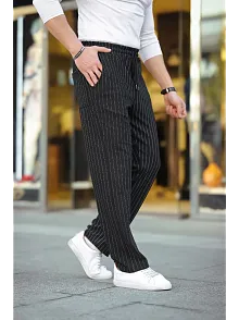 Erkek Cizgili Dokuma Krep Jogger Buggy Pantalon Rahat Kalıp - Siyah
