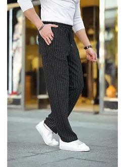 Erkek Cizgili Dokuma Krep Jogger Buggy Pantalon Rahat Kalıp - Siyah