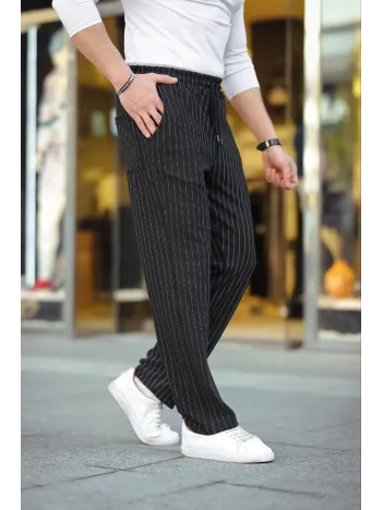 Erkek Cizgili Dokuma Krep Jogger Buggy Pantalon Rahat kalıp - Siyah