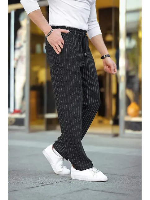 Erkek Cizgili Dokuma Krep Jogger Buggy Pantalon Rahat Kalıp - Siyah