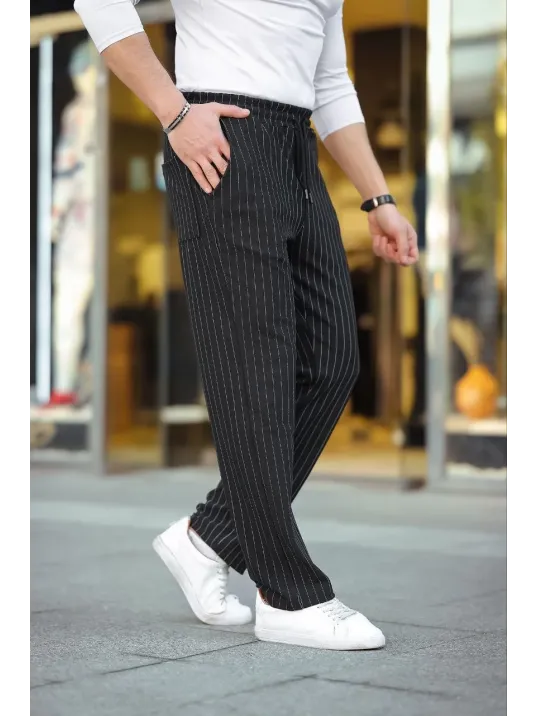 Erkek Cizgili Dokuma Krep Jogger Buggy Pantalon Rahat kalıp - Siyah