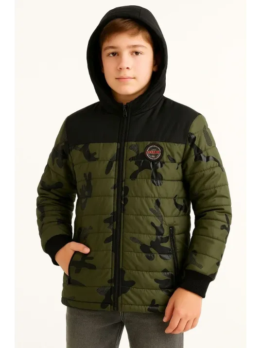 Erkek Çocuk Kamuflaj Desenli Mont İçi Sıcak Tutan Pelüş Astarlı, Kapüşonlu, Fermuarlı Kışlık Su İtici Şişme Mont - Haki Erkek Çocuk Kamuflaj Desenli Mont İçi Sıcak Tutan Pelüş Astarlı, Kapüşonlu, Fermuarlı Kışlık Su İtici Şişme Mont - Haki