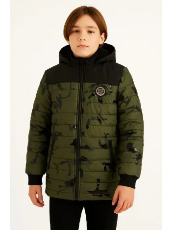 Erkek Çocuk Kamuflaj Desenli Mont İçi Sıcak Tutan Pelüş Astarlı, Kapüşonlu, Fermuarlı Kışlık Su İtici Şişme Mont - Haki