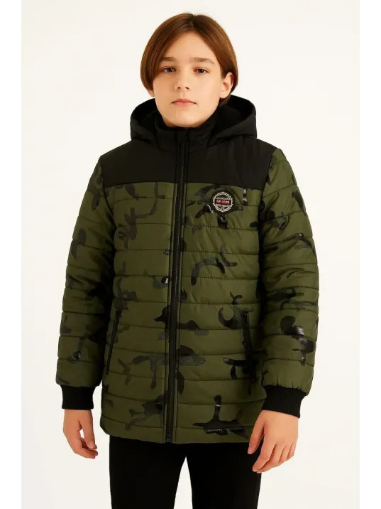 Erkek Çocuk Kamuflaj Desenli Mont İçi Sıcak Tutan Pelüş Astarlı, Kapüşonlu, Fermuarlı Kışlık Su İtici Şişme Mont - Haki Erkek Çocuk Kamuflaj Desenli Mont İçi Sıcak Tutan Pelüş Astarlı, Kapüşonlu, Fermuarlı Kışlık Su İtici Şişme Mont - Haki