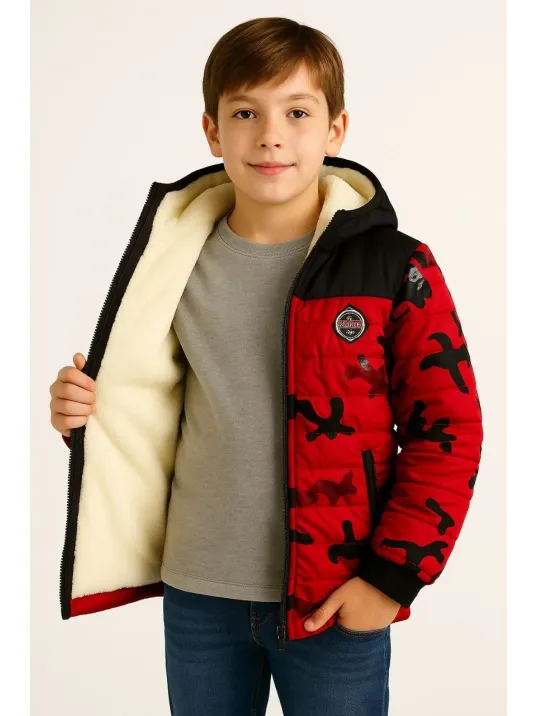 Erkek Çocuk Kamuflaj Desenli Mont İçi Sıcak Tutan Pelüş Astarlı, Kapüşonlu, Fermuarlı Kışlık Su İtici Şişme Mont - Kırmızı Erkek Çocuk Kamuflaj Desenli Mont İçi Sıcak Tutan Pelüş Astarlı, Kapüşonlu, Fermuarlı Kışlık Su İtici Şişme Mont - Kırmızı