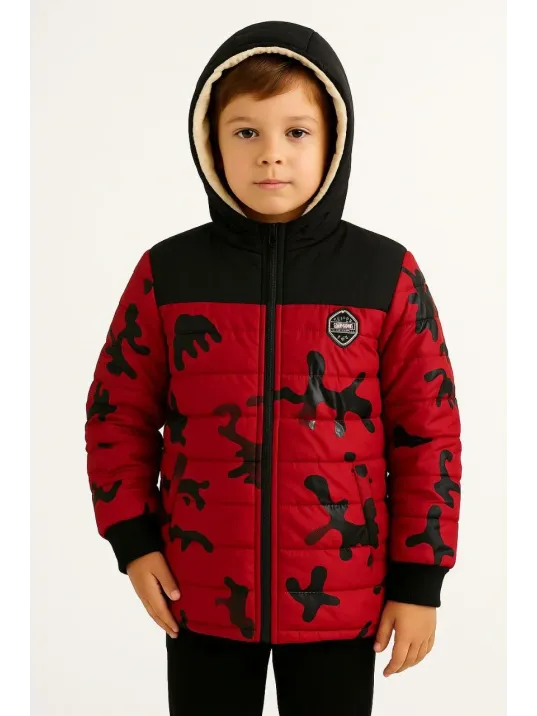 Erkek Çocuk Kamuflaj Desenli Mont İçi Sıcak Tutan Pelüş Astarlı, Kapüşonlu, Fermuarlı Kışlık Su İtici Şişme Mont - Kırmızı Erkek Çocuk Kamuflaj Desenli Mont İçi Sıcak Tutan Pelüş Astarlı, Kapüşonlu, Fermuarlı Kışlık Su İtici Şişme Mont - Kırmızı