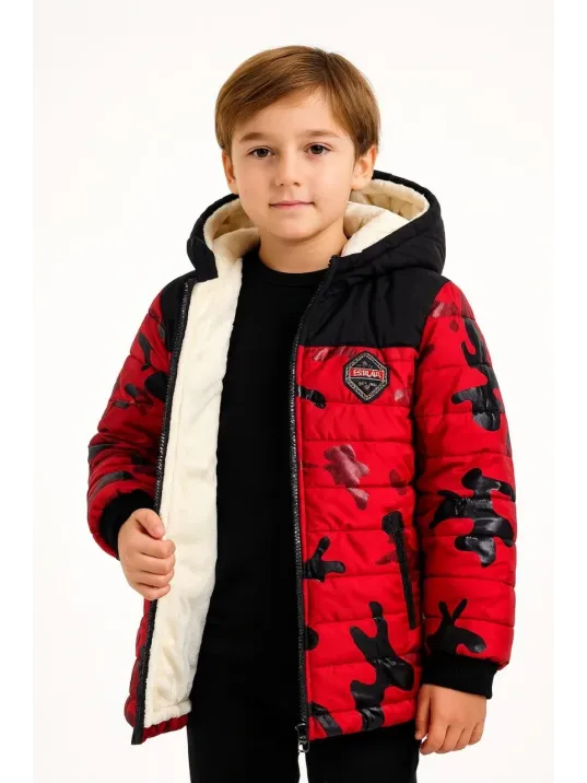 Erkek Çocuk Kamuflaj Desenli Mont İçi Sıcak Tutan Pelüş Astarlı, Kapüşonlu, Fermuarlı Kışlık Su İtici Şişme Mont - Kırmızı Erkek Çocuk Kamuflaj Desenli Mont İçi Sıcak Tutan Pelüş Astarlı, Kapüşonlu, Fermuarlı Kışlık Su İtici Şişme Mont - Kırmızı