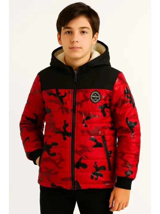 Erkek Çocuk Kamuflaj Desenli Mont İçi Sıcak Tutan Pelüş Astarlı, Kapüşonlu, Fermuarlı Kışlık Su İtici Şişme Mont - Kırmızı Erkek Çocuk Kamuflaj Desenli Mont İçi Sıcak Tutan Pelüş Astarlı, Kapüşonlu, Fermuarlı Kışlık Su İtici Şişme Mont - Kırmızı