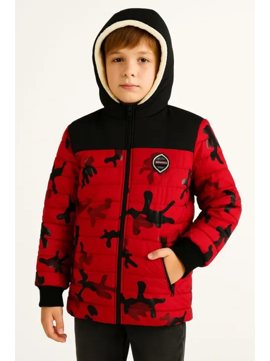 Erkek Çocuk Kamuflaj Desenli Mont İçi Sıcak Tutan Pelüş Astarlı, Kapüşonlu, Fermuarlı Kışlık Su İtici Şişme Mont - Kırmızı Erkek Çocuk Kamuflaj Desenli Mont İçi Sıcak Tutan Pelüş Astarlı, Kapüşonlu, Fermuarlı Kışlık Su İtici Şişme Mont - Kırmızı