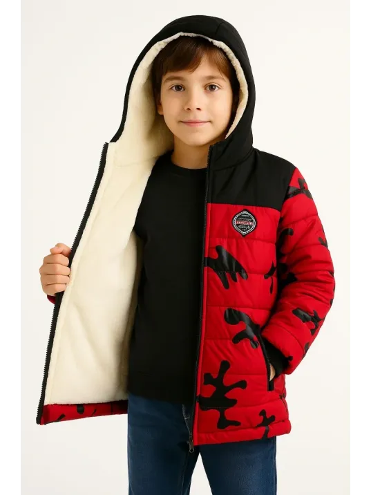 Erkek Çocuk Kamuflaj Desenli Mont İçi Sıcak Tutan Pelüş Astarlı, Kapüşonlu, Fermuarlı Kışlık Su İtici Şişme Mont - Kırmızı Erkek Çocuk Kamuflaj Desenli Mont İçi Sıcak Tutan Pelüş Astarlı, Kapüşonlu, Fermuarlı Kışlık Su İtici Şişme Mont - Kırmızı