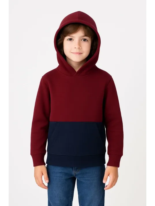 Erkek Çocuk Kapüşonlu Kanguru Cepli Parçalı Sweatshirt - Renkli