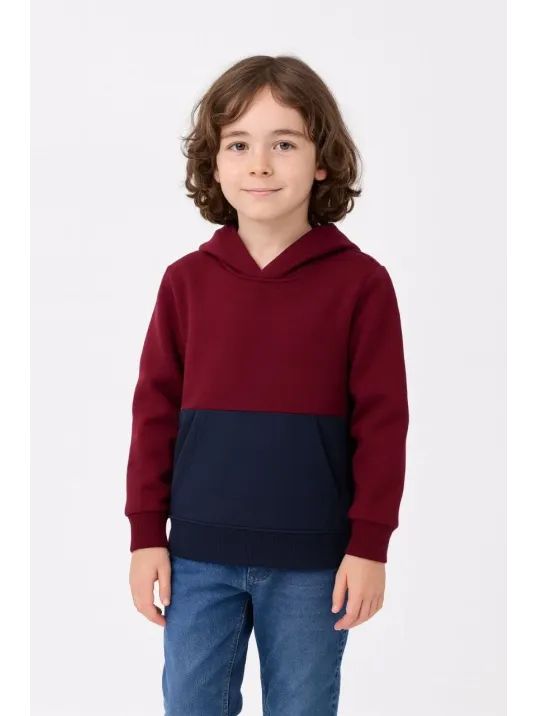 Erkek Çocuk Kapüşonlu Kanguru Cepli Parçalı Sweatshirt - Renkli