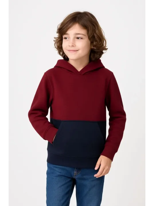 Erkek Çocuk Kapüşonlu Kanguru Cepli Parçalı Sweatshirt - Renkli