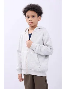 Erkek Çocuk Kapüşonlu Kanguru Çepli Tam Fermuarlı Hırka Sweatshirt - Gri