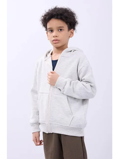 Erkek Çocuk Kapüşonlu Kanguru Çepli Tam Fermuarlı Hırka Sweatshirt - Gri