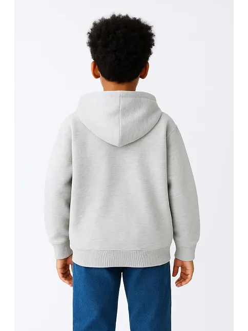 Erkek Çocuk Kapüşonlu Kanguru Çepli Tam Fermuarlı Hırka Sweatshirt - Gri