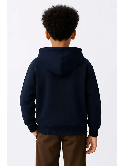 Erkek Çocuk Kapüşonlu Kanguru Çepli Tam Fermuarlı Hırka Sweatshirt - Lacivert