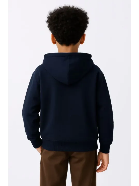 Erkek Çocuk Kapüşonlu Kanguru Çepli Tam Fermuarlı Hırka SweatShirt - Lacivert