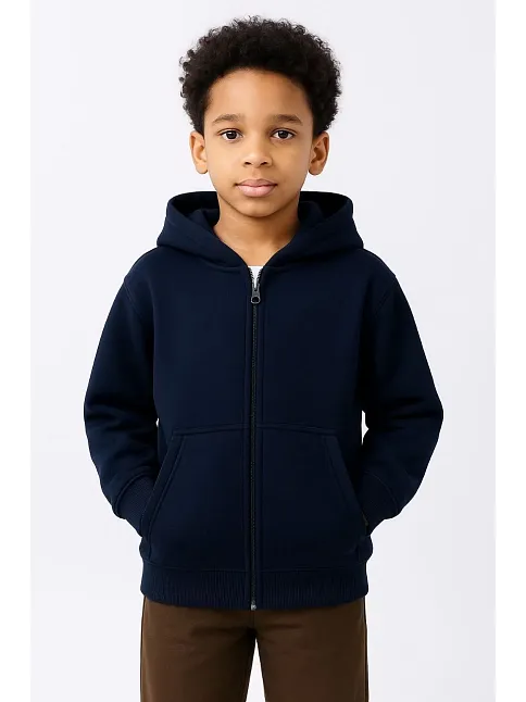 Erkek Çocuk Kapüşonlu Kanguru Çepli Tam Fermuarlı Hırka Sweatshirt - Lacivert