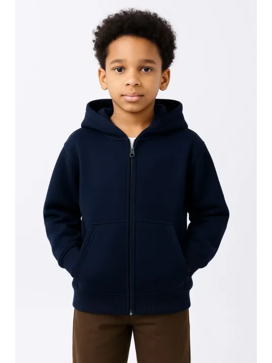 Erkek Çocuk Kapüşonlu Kanguru Çepli Tam Fermuarlı Hırka SweatShirt - Lacivert