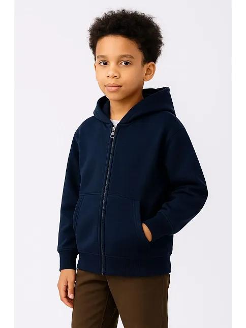 Erkek Çocuk Kapüşonlu Kanguru Çepli Tam Fermuarlı Hırka Sweatshirt - Lacivert