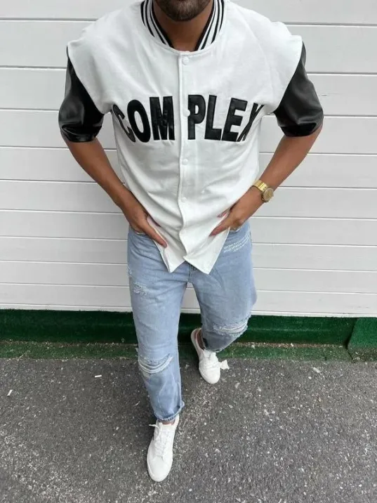 Erkek Complex Kolları Deri Kolej Oversize T-Shirt - Beyaz Erkek Complex Kolları Deri Kolej Oversize T-Shirt - Beyaz