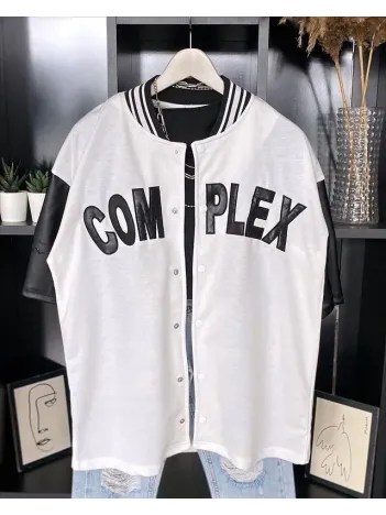 Erkek Complex Kolları Deri Kolej Oversize T-Shirt - Beyaz